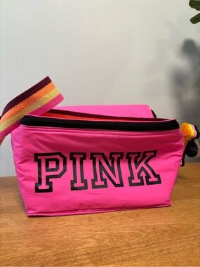 PINK Victoria's Secret Hot Pink Logo Cooler Bag with Multicolor Strap